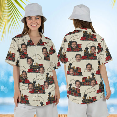 Woman wearing the Steam Locomotive Train Hawaiian Shirt with custom faces, front and back view