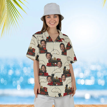 Woman wearing the Steam Locomotive Train Hawaiian Shirt with custom faces