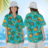 Woman wearing the Steel Drum Caribbean Style Hawaiian Shirt with custom faces, front and back view