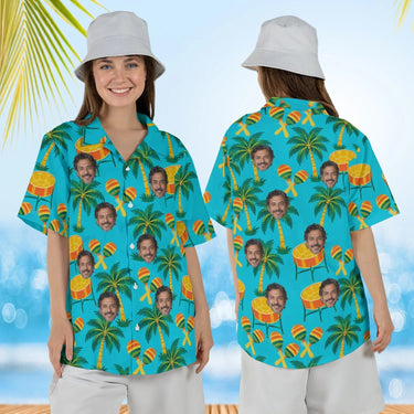 Woman wearing the Steel Drum Caribbean Style Hawaiian Shirt with custom faces, front and back view