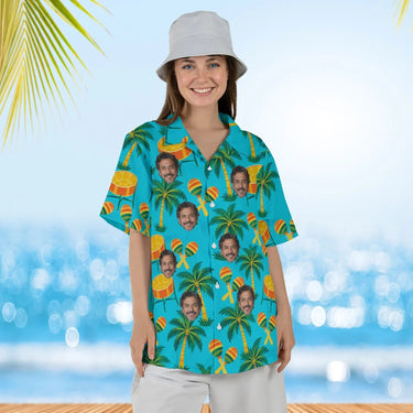 Woman wearing the Steel Drum Caribbean Style Hawaiian Shirt with custom faces