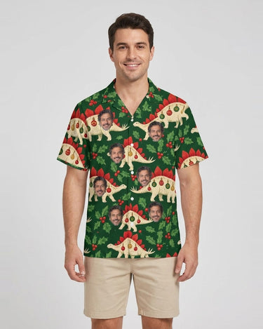 Stegosaurus Ornament Dinosaur Christmas Hawaiian Shirt with printed faces, worn by a man