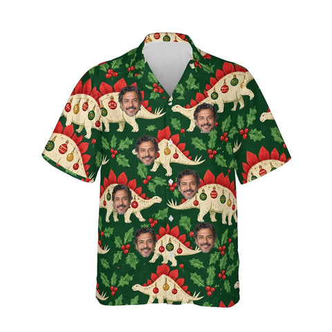 Stegosaurus Ornament Dinosaur Christmas Hawaiian Shirt personalized with printed faces, front view