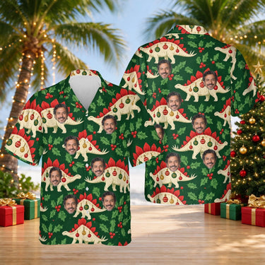 Stegosaurus Ornament Dinosaur Christmas Hawaiian Shirt with custom faces, front and back