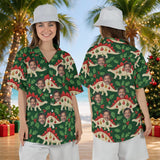 Woman wearing the Stegosaurus Ornament Dinosaur Christmas Hawaiian Shirt with custom faces, front and back view