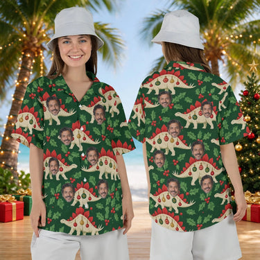 Woman wearing the Stegosaurus Ornament Dinosaur Christmas Hawaiian Shirt with custom faces, front and back view