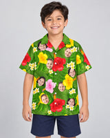 Summer Tropical Hawaiian shirt with printed faces, worn by a child