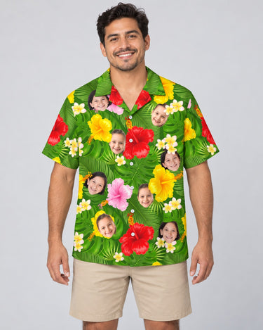 Summer Tropical Hawaiian shirt with printed faces, worn by a man