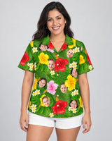 Summer Tropical Hawaiian shirt with printed faces, worn by a woman