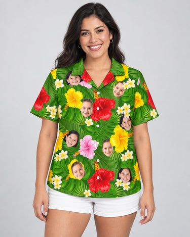 Summer Tropical Hawaiian shirt with printed faces, worn by a woman