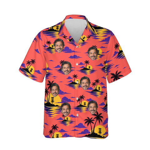 Sunset Chains Disc Golf Hawaiian Shirt personalized with printed faces, front view