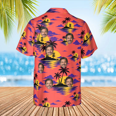 Sunset Chains Disc Golf Hawaiian Shirt with custom faces, back view