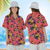 Woman wearing the Sunset Chains Disc Golf Hawaiian Shirt with custom faces, front and back view