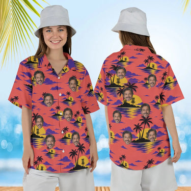 Woman wearing the Sunset Chains Disc Golf Hawaiian Shirt with custom faces, front and back view