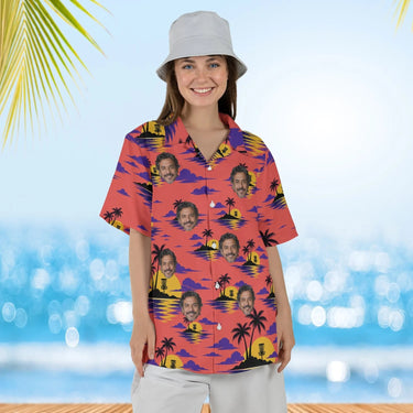 Woman wearing the Sunset Chains Disc Golf Hawaiian Shirt with custom faces