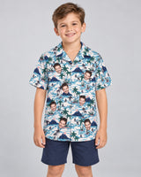 Sunset Sail Hawaiian shirt with printed faces, worn by a child