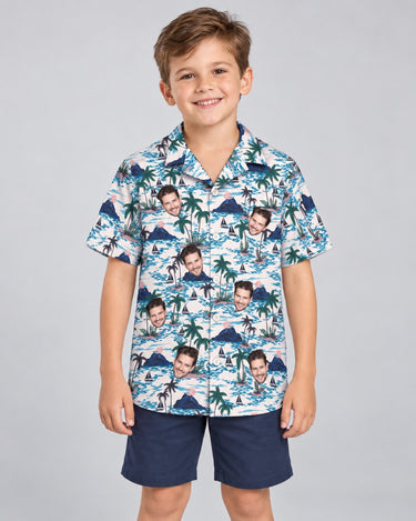 Sunset Sail Hawaiian shirt with printed faces, worn by a child