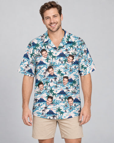 Sunset Sail Hawaiian shirt with printed faces, worn by a man