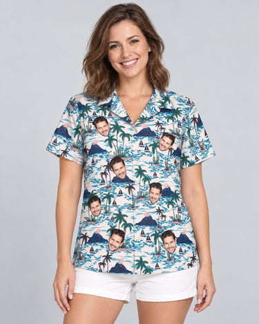 Sunset Sail Hawaiian shirt with printed faces, worn by a woman