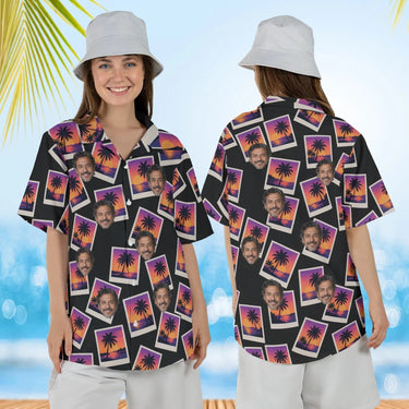 Woman wearing the Sunset Snapshot Postcard Hawaiian Shirt with custom faces, front and back view