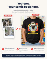 How to create a custom pet hero shirt: upload one to three clear pet photos, enter a name and hero title, then choose a theme and shirt color.