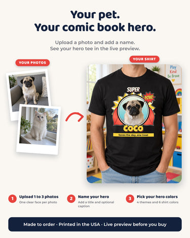 How to create a custom pet hero shirt: upload one to three clear pet photos, enter a name and hero title, then choose a theme and shirt color.