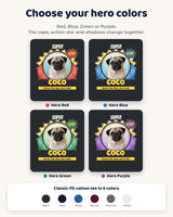 Hero Red, Hero Blue, Hero Green and Hero Purple options for the custom pet superhero shirt, with the same portraits and six shirt colors.