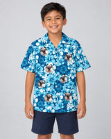 Surf Floral Hibiscus Hawaiian shirt with printed faces, worn by a child