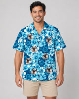 Surf Floral Hibiscus Hawaiian shirt with printed faces, worn by a man