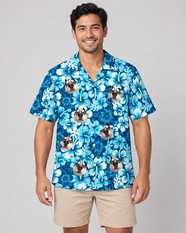 Surf Floral Hibiscus Hawaiian shirt with printed faces, worn by a man