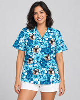 Surf Floral Hibiscus Hawaiian shirt with printed faces, worn by a woman
