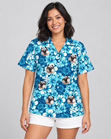 Surf Floral Hibiscus Hawaiian shirt with printed faces, worn by a woman