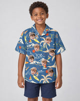 Surf Island Vibes Hawaiian shirt with printed faces, worn by a child