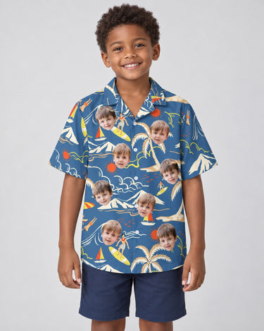 Surf Island Vibes Hawaiian shirt with printed faces, worn by a child