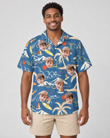 Surf Island Vibes Hawaiian shirt with printed faces, worn by a man