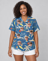 Surf Island Vibes Hawaiian shirt with printed faces, worn by a woman