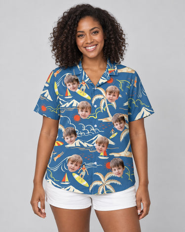 Surf Island Vibes Hawaiian shirt with printed faces, worn by a woman