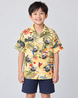 Surf's Up Island Hawaiian shirt with printed faces, worn by a child
