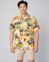 Surf's Up Island Hawaiian shirt with printed faces, worn by a man