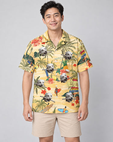 Surf's Up Island Hawaiian shirt with printed faces, worn by a man