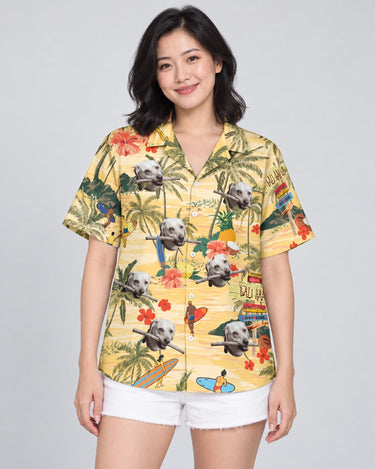 Surf's Up Island Hawaiian shirt with printed faces, worn by a woman
