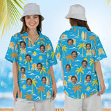 Woman wearing the Surf Shack Island Hawaiian Shirt with custom faces, front and back view