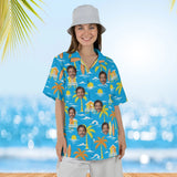 Woman wearing the Surf Shack Island Hawaiian Shirt with custom faces