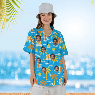 Woman wearing the Surf Shack Island Hawaiian Shirt with custom faces