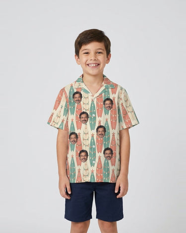 Surfboard Pines Christmas Hawaiian Shirt with printed faces, worn by a child