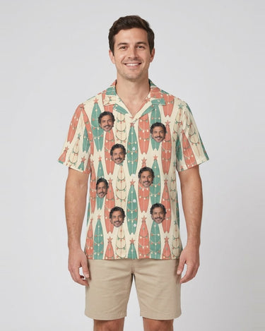 Surfboard Pines Christmas Hawaiian Shirt with printed faces, worn by a man