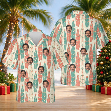 Surfboard Pines custom Christmas Hawaiian shirt with faces, front and back