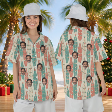 Surfboard Pines personalized Christmas Hawaiian shirt with faces worn by a woman, front and back