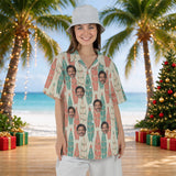 Surfboard Pines Christmas Hawaiian shirt with printed faces worn by a woman, front view