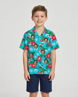 Surfing T-Rex Santa Dinosaur Christmas Hawaiian Shirt with printed faces, worn by a child